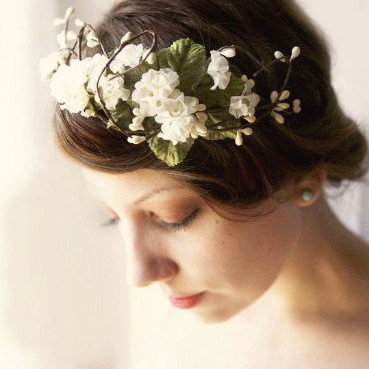 Wedding - Woodland Flower Crown, Rustic Wedding Headpiece, Ivory Floral Headband, Flower Bridal Hair Band - O PIONEERS