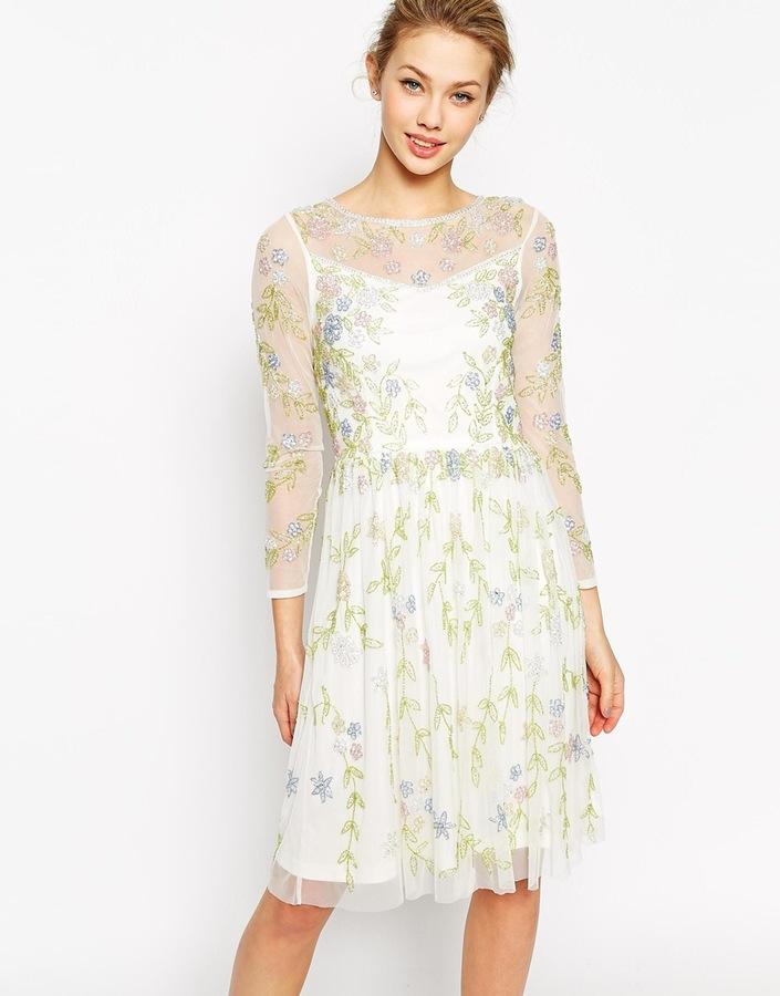 زفاف - Frock and Frill Long Sleeve Midi Dress With All Over Garden Embellishment