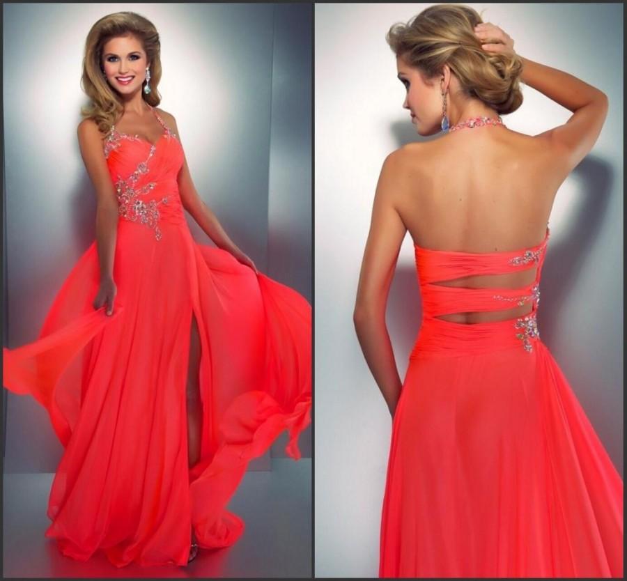 Wedding - Halter Evening Dresses 2015 Chiffon High Split Cheap Beads Crystal Fashion Formal Long Party Prom Dresses Backless Gowns Custom A-Line Online with $88.7/Piece on Hjklp88's Store 