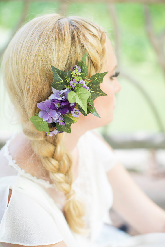 زفاف - purple flower hair clip, ivy hairpiece, green hair accessories, purple hairpiece, wedding hair accessory -AISLING- floral hair comb, rustic