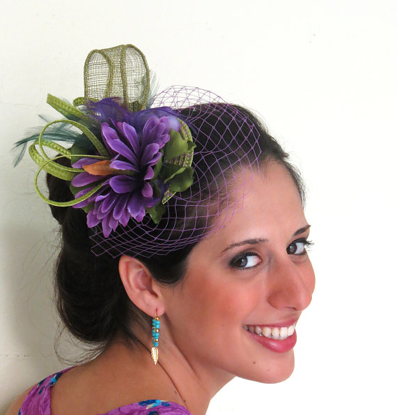 زفاف - Fascinator - STAVVY SMALL PURPLE, fascinator hat with veil, purple fascinator flower feathers