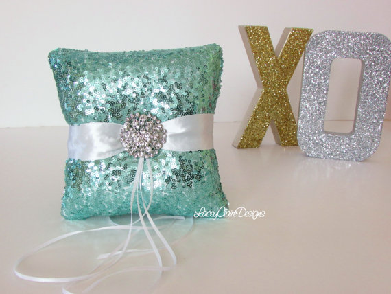 زفاف - Sequin Ring Bearer Pillow, Aquamarine Sequin Wedding Ring Pillow  - Custom Made