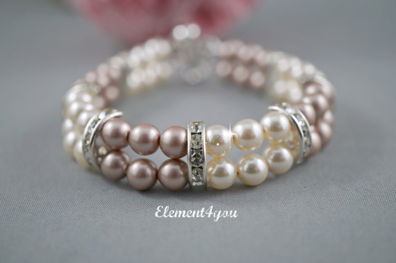 زفاف - Bridal Jewelry, Bridal bracelet, Two 2 strands bracelet, Bridesmaid bracelet, Maid of honor, Swarovski cream champagne pearls, Handmade