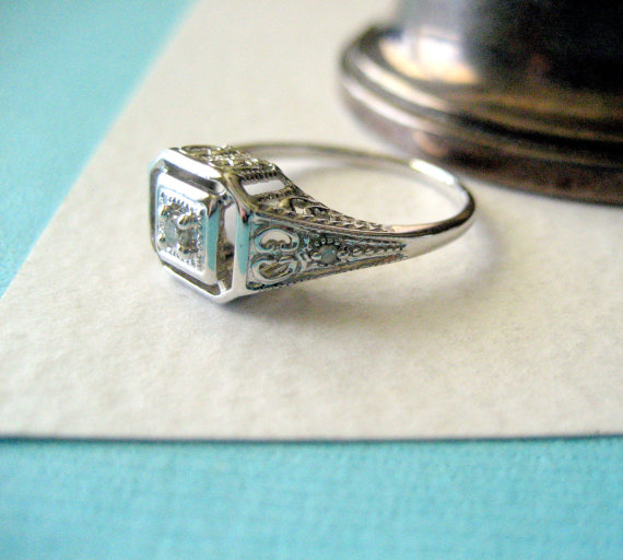 Wedding - SALE... Art Deco Diamond Filigree 14kt White Gold Engagement Ring Size 6.5