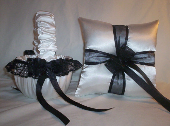 Wedding - White Satin With Black Lace And Ribbon  Trim Flower Girl Basket And Ring Bearer Pillow Set 2
