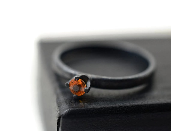 Wedding - Oxidized Engagement Ring, Minimalist Orange Sapphire Ring, Black Silver Ring, Tiny Gemstone Ring,