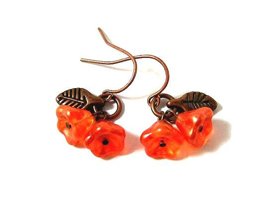 Mariage - Flower Earrings, Orange Satin Bouquet, Copper Blossoms and Leaves, Dangle Earrings, FREE Shipping U.S.