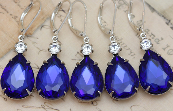 Mariage - Blue Wedding Earrings Bridesmaids Gift Sapphire Wedding Jewelry 6 Pairs Bridesmaids Earrings  - Clip Ons Available
