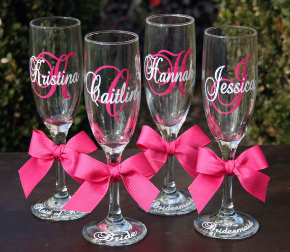 Hochzeit - 8 Monogrammed Bride and Bridesmaids Champagne Flutes, Personalized Wedding Glasses