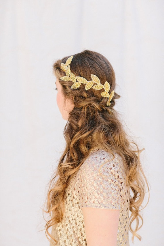 Hochzeit - Gold Bridal Fascinator, Beaded Leaf Headband, Grecian Bridal Hair Piece, Tiara, Halo, Crown, Wedding Headpiece, Cleo, gold bridal headband