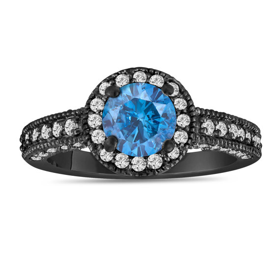 زفاف - Fancy Blue Diamond Engagement Ring 1.53 Carat Vintage Style 14K Black Gold Bridal Ring Handmade