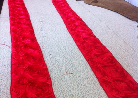 Wedding - Custom Made Red Tafetta  Rosette Aisle Runner Borders 6 Inches Wide  25 Feet Long