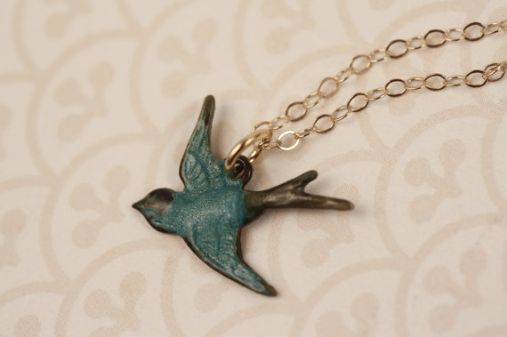 Mariage - Blue Bird Pendant Necklace, Gold Charm Necklace, Small Pendant Jewelry, Small Bird Charm Necklace, Turquoise Wedding, Tiny Choker Necklace