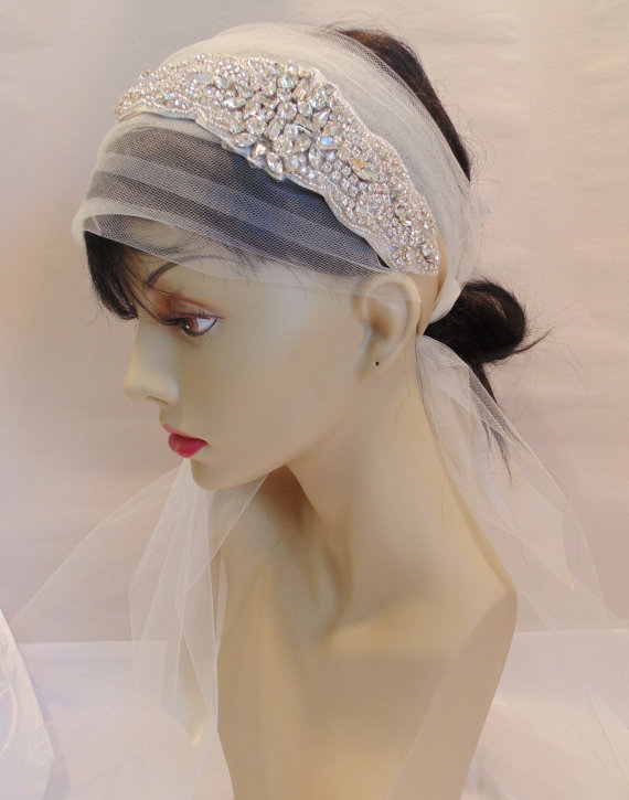 Wedding - Bandeau Headpiece, 20's Headpiece, Bridal Headpiece, Wedding Headpiece Rhinestone Headpiece, Tulle Headpiece