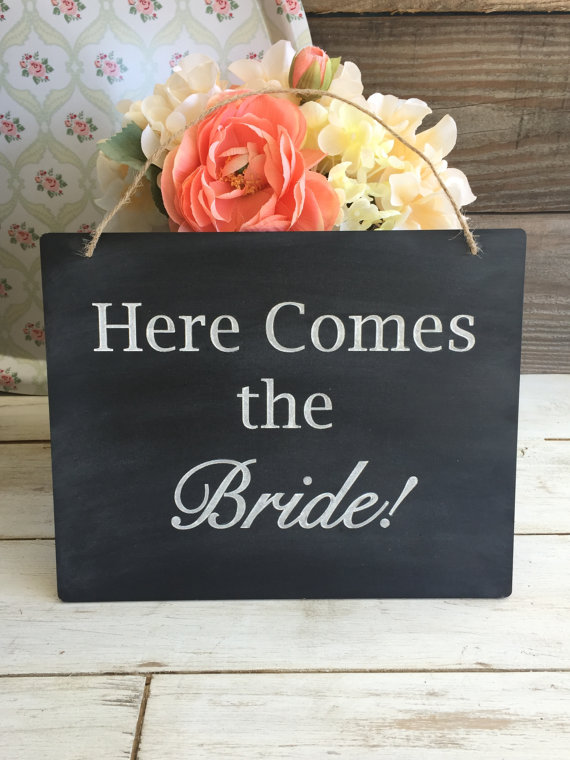 Hochzeit - Chalkboard Rustic Wedding Event Ceremony Here comes the bride sign flower girl ring bearer twine chalk rustic country chic