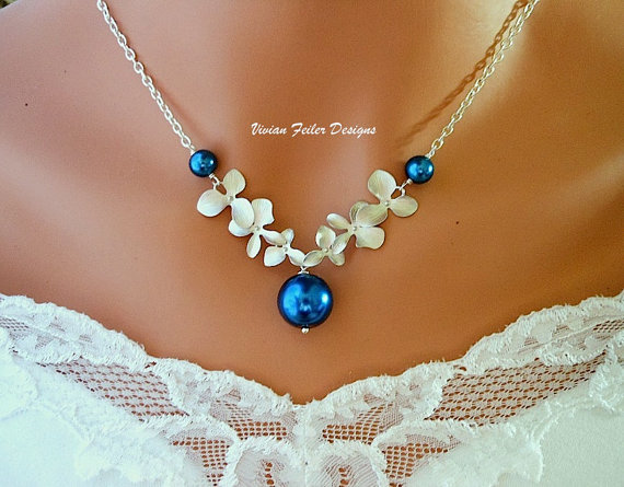 Mariage - Blue Necklace Pearl Peacock Royal Blue Orchid Flower Wedding Jewelry Bridesmaid Gift