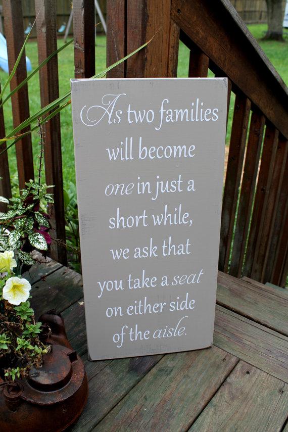 Mariage - 11" x 23" Wooden Wedding Sign - As two families will become one - Ceremony sign, pick a seat not side