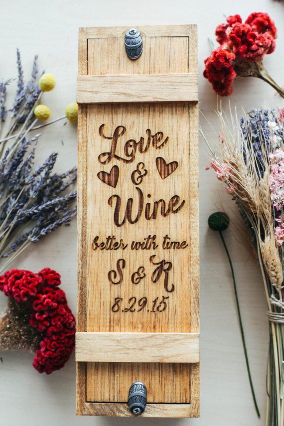 Hochzeit - Custom Engraved Wedding Canadian Pine Wood Wine Box - Love & Wine Better With Time