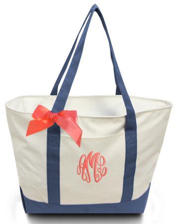 Hochzeit - Personalized GIANT Boat Tote with Ribbon Bow - Extra Large Monogrammed Beach Bag, monogrammed bridesmaids bags, large overnight totes