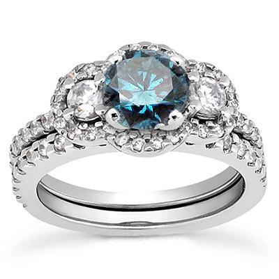 Hochzeit - 1.75CT 3-Stone Blue Diamond Engagement Ring Matching Wedding Pave Band Bridal Set 14 Karat White Gold Halo
