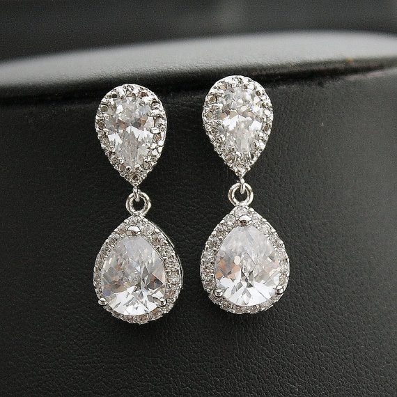 Hochzeit - Bridal Earrings Wedding Jewelry Silver Clear Cubic Zirconia Posts Clear Cubic Zirconia Teardrop Earrings Wedding Earrings