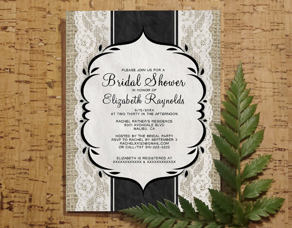 Hochzeit - Black White Vintage Linen Burlap Lace Bridal Invitations, Bridal Shower, Wedding Party Invite, Printable, Digital PDF, DIY Template, Printed