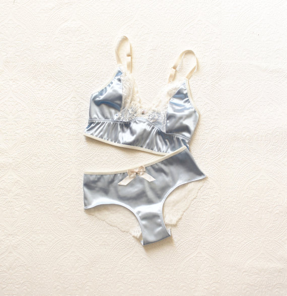 Hochzeit - Baby Blue 'Sky' Satin and Lace Brazillian Cheeky Panties and Cropped Cami Bridal Lingerie Handmade to Order