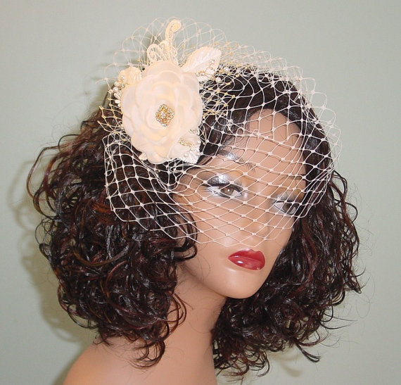 Mariage - Ivory Birdcage Veil with Ivory Flower Fascinator  Gold Accents -Made to Order - Ships in 3-4 Weeks
