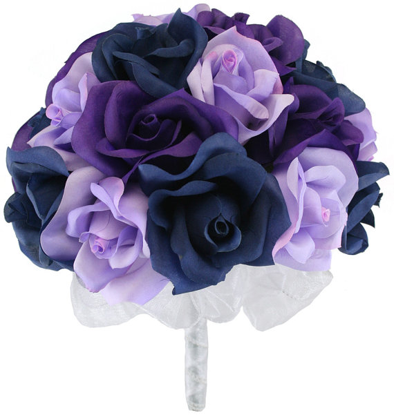 Hochzeit - Navy Blue, Lavender and Purple Silk Rose Hand Tie (2 Dozen Roses) - Bridal Wedding Bouquet