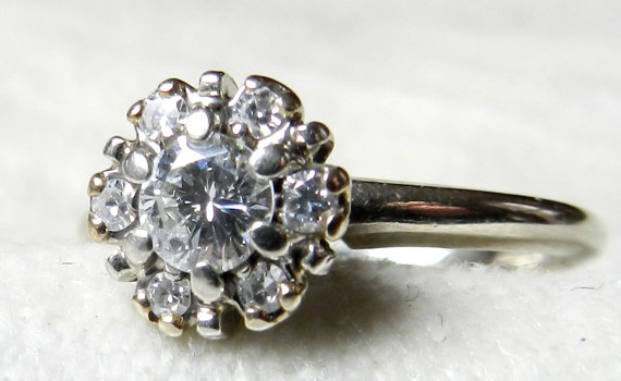 زفاف - Engagement Ring Half Carat Diamond Halo 14K White Gold Transitional Cut Vintage Diamond Engagement Ring