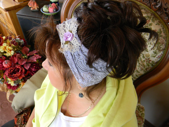 زفاف - Stretch Lace Headbands Pale Mauve with Vintage Lace Delicate Scalloped Florial Pattern Headband