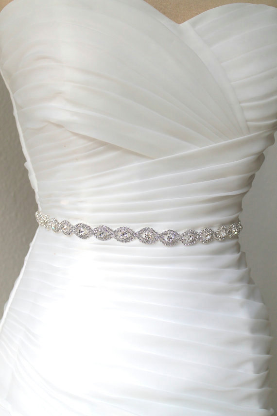 Wedding - Bridal twisted oval rhinestone ribbon sash.  Crystal jewel wedding belt.  NICOLA