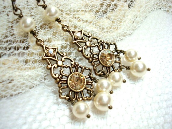 Mariage - Vintage style chandelier earrings, bridal earrings, wedding jewelry with Swarovski pearls and golden shadow crystals, bridesmaid earrings