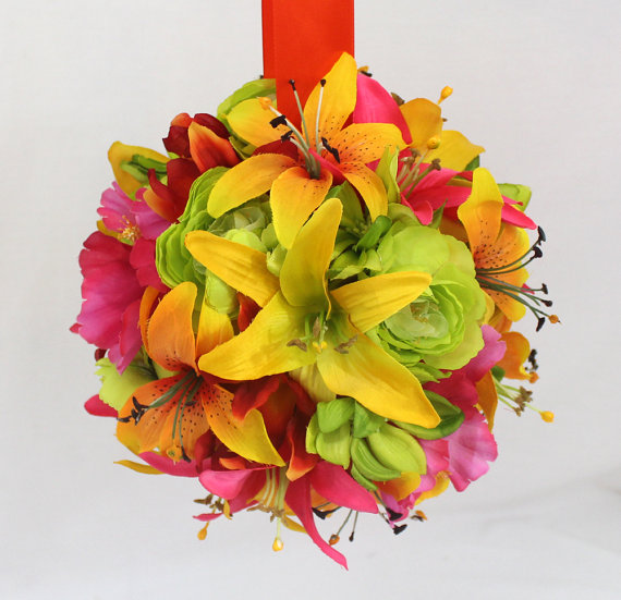 Hochzeit - Wedding Kissing Ball, Pomander Ball - Tropical Yellow, Orange Lily, Green Daisy Ceremony or Reception Decor, Bridesmaid Bouquet Alternative