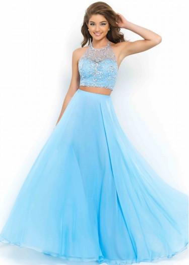Mariage - Fashion Cheap Newest Two Piece Halter High Neck Powder Blue Beaded Prom Dress