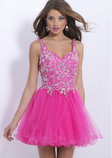 Hochzeit - Fashion Cheap Pink Tulle A Line Thick Straps Jeweled Crystals Homecoming Dress