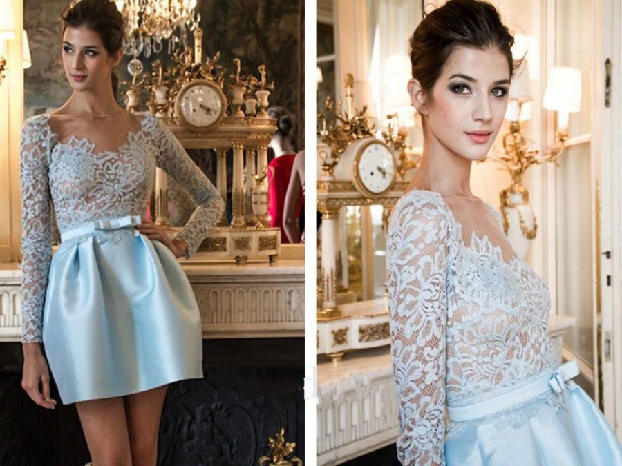 Wedding - Elegant Long Sleeve Short Prom Dresses Sheer Illusion Scoop Neck Satin Lace Sash Short Party Cocktail Special Occasion Dresses Knee Length Online with $95.15/Piece on Hjklp88's Store 
