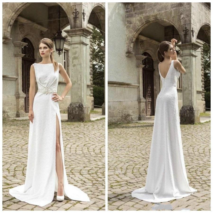 Mariage - Cheapest White A-Line Wedding Dresses Bateau Neck Split Side Bridal Dresses Zipper Back Beaded Sash 2015 Slit Sweep Train Bridal Gowns Online with $127.28/Piece on Hjklp88's Store 