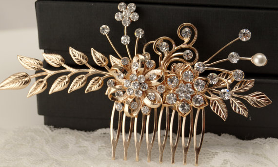 Hochzeit - Rose gold Bridal hair comb-Vintage inspired art deco Swarovski crystla bridal hair comb-Vintage wedding-Gatsby hair comb-Bridal headpiece