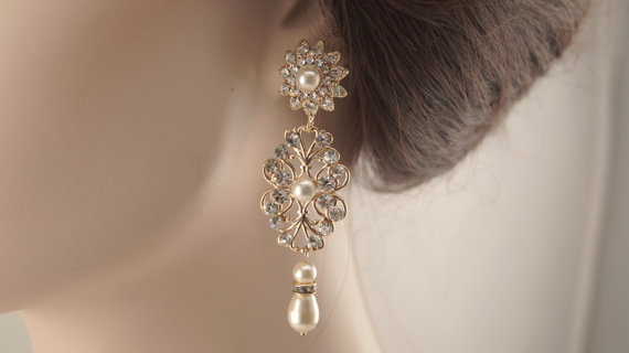 Свадьба - Rose gold bridal earrings-Rose gold Swarovski crystal earrings-Rose gold art deco rhinestone Swaroski crystal earrings - Wedding jewelry