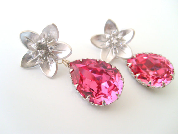 Hochzeit - Rose pink 18x13 swarovski crystal teardrop silver earrings 925 sterling silver flower post wedding jewelry bridesmaid gifts birthday gifts