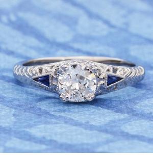 زفاف - 1920s Art Deco Vintage Engagement Ring Setting with Side Sapphires in Platinum