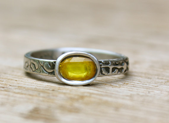 Wedding - yellow sapphire engagement ring . rose cut oval sapphire alternative engagement ring . rustic engraved illuminate ring . made to order