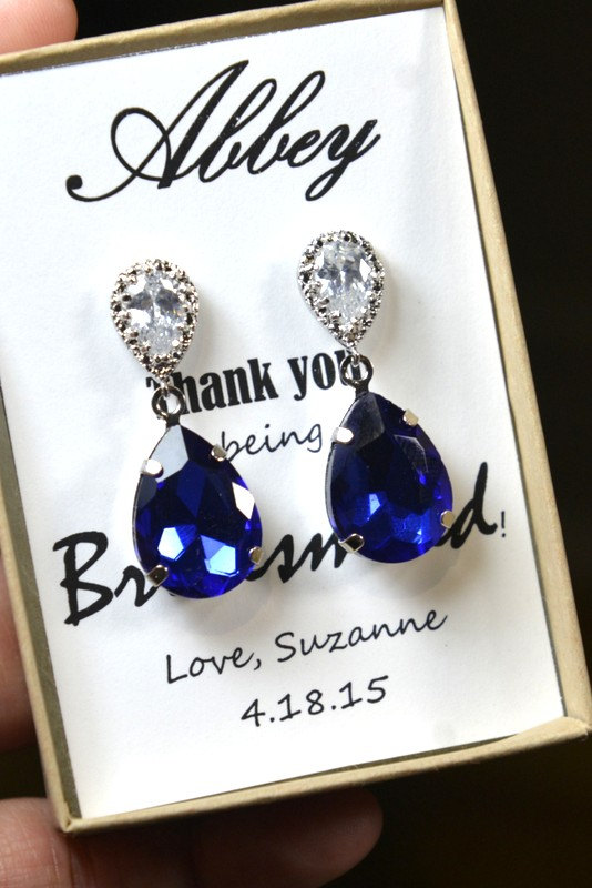 زفاف - Sapphire blue Earrings,Drop, Dangle, Glass Earrings, bridesmaid gifts, Wedding Bridal Jewelry Bridal Bridesmaid Earrings , bridesmaid card