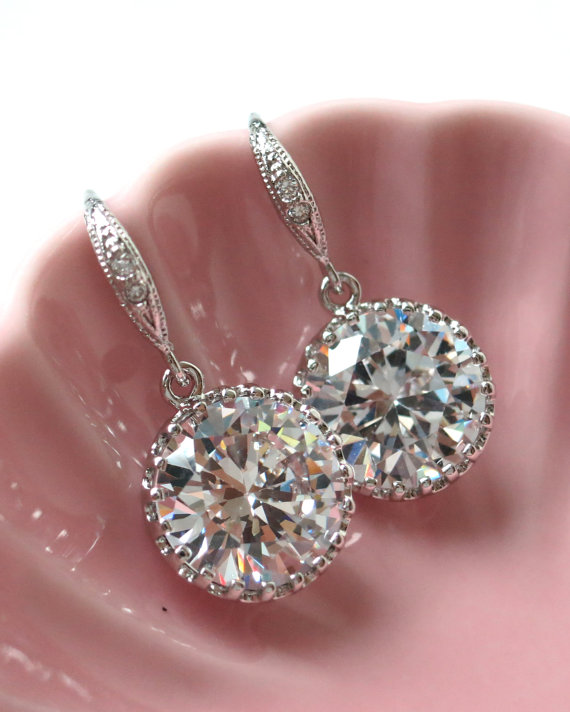 Hochzeit - Pamela - Simple Large Cubic Zirconia Earrings, gifts for her, sparkly earrings, bridal jewelry, bridesmaid earrings, wedding earrrings