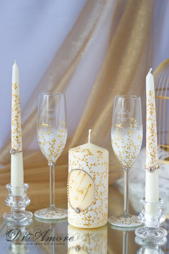 Hochzeit - IVORY & GOLD Wedding SET/Champagne glasses and Wedding Unity Candle/painted handmade / rhinestones/ personalization weddings Set / 5 pcs