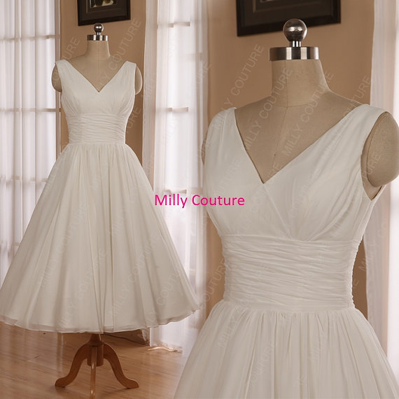 Hochzeit - Romantic Chiffon 1950s tea length wedding dress, beach wedding dress, chiffon 50's style wedding dress,rockabilly wedding dress