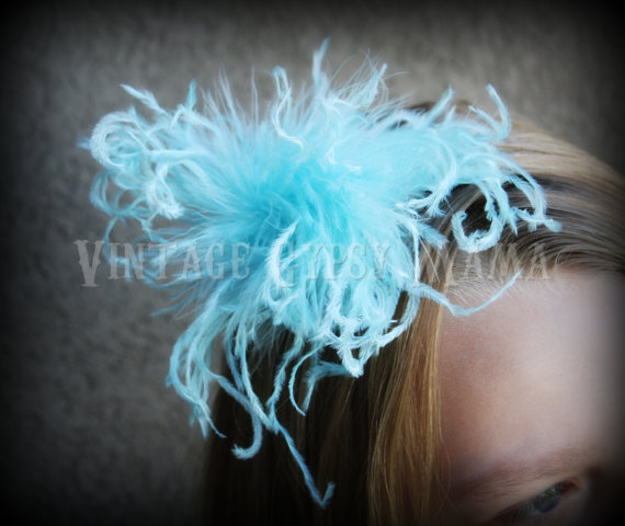 Hochzeit - Aqua curly ostrich puff headband hair bow clip over the top big fluffy pouf birthday party