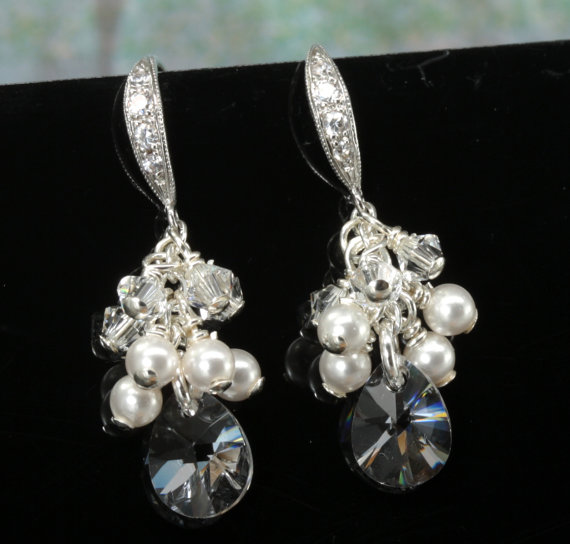 زفاف - Pearl Earrings, Swarovski Bridal, Wedding Earrings Drop, Cluster Earrings, Wedding Jewelry For Brides, Pearl and Crystal Earrings