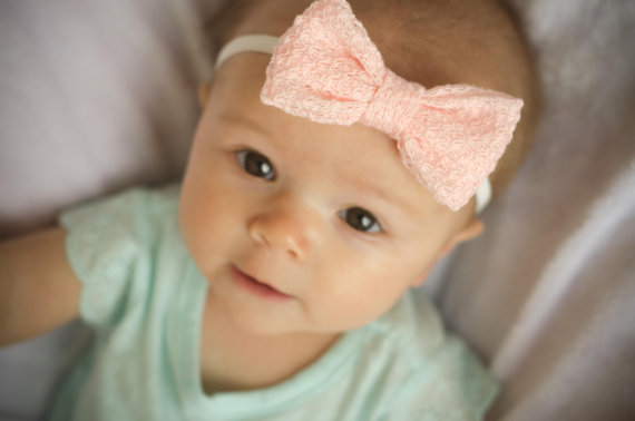 Wedding - Light Pink Lace Handmade Large Baby Bow Elastic Headband - Multiple Sizes Available. Great for Spring, Easter, Flower Girl or Wedding Party!